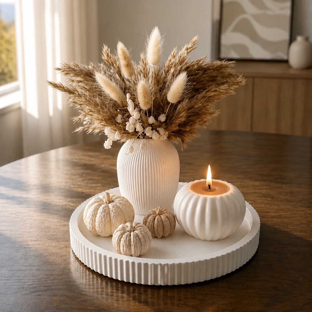 Herbst Deko Set – Tablett mit Vase, Kerze & Kürbissen