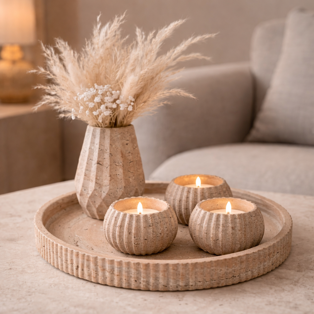 Deko-Tablett Set mit Kerzenhaltern & Vase