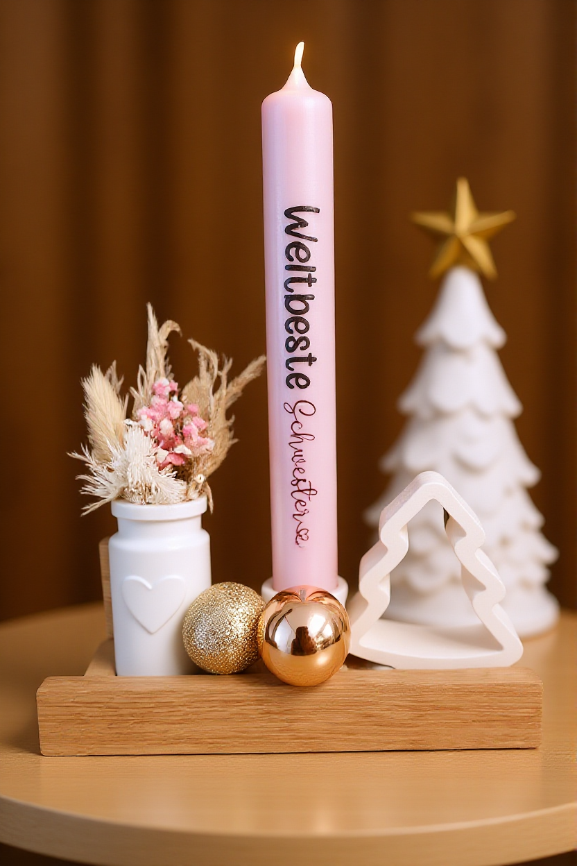 Weihnachtskerze Schwester - Personalisierte Kerze in Rosa