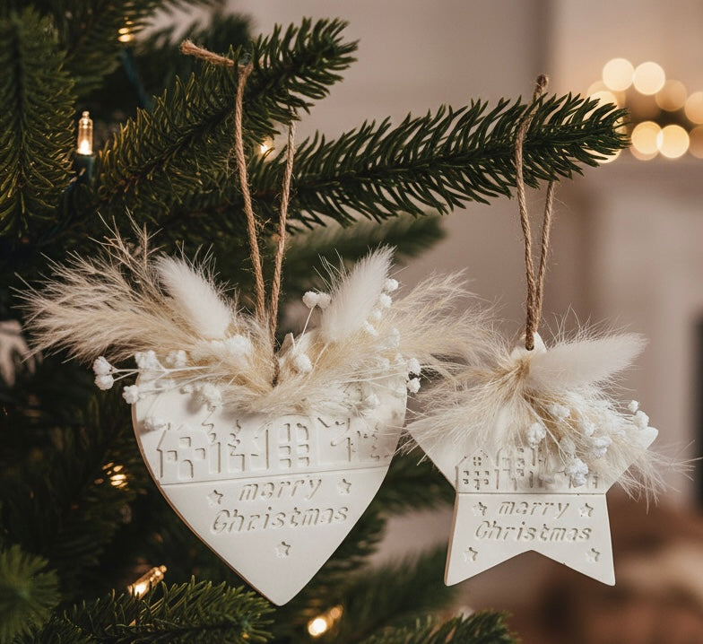 Weihnachtsanhänger Set - Herz & Stern mit Trockenblumen