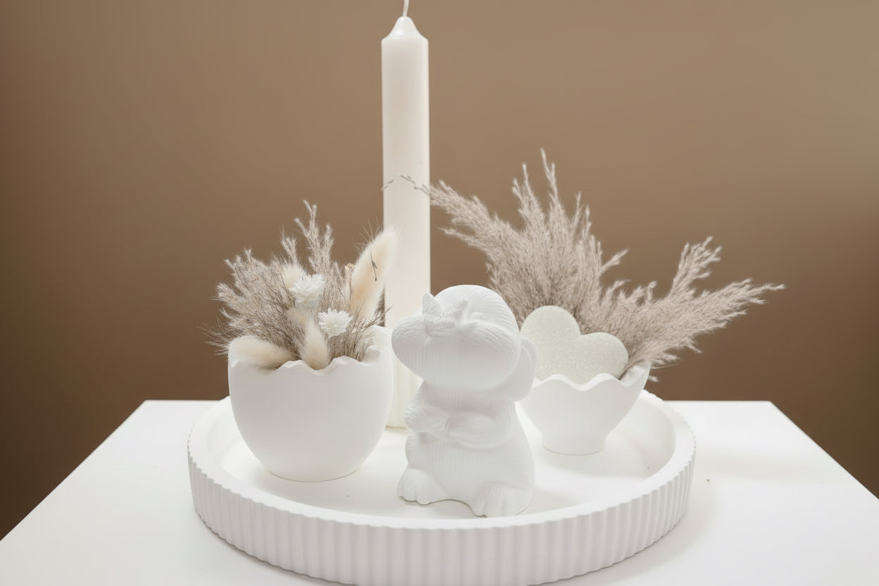 Osterteller Weiß - Handgefertigte Osterdeko mit Kerze