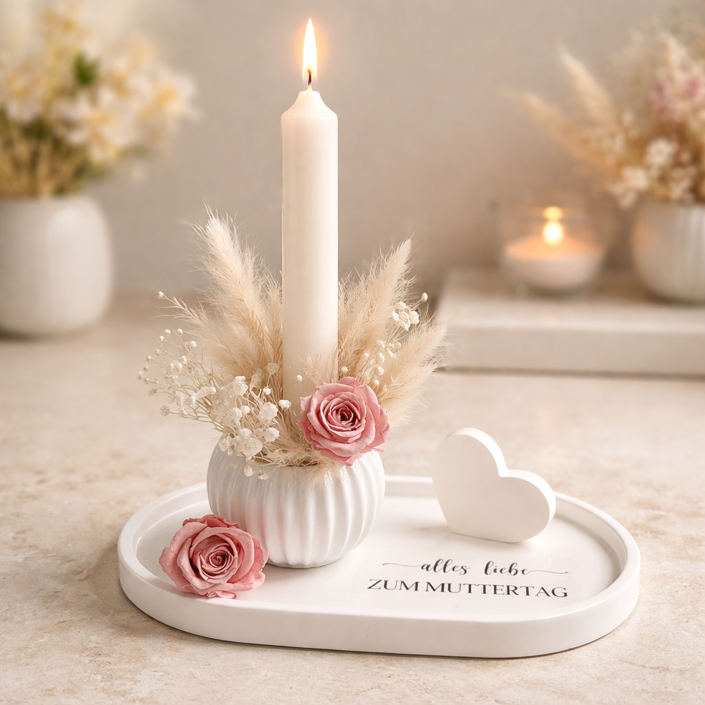 Muttertag Deko-Set – Kerze, Trockenblumen & Herztablett