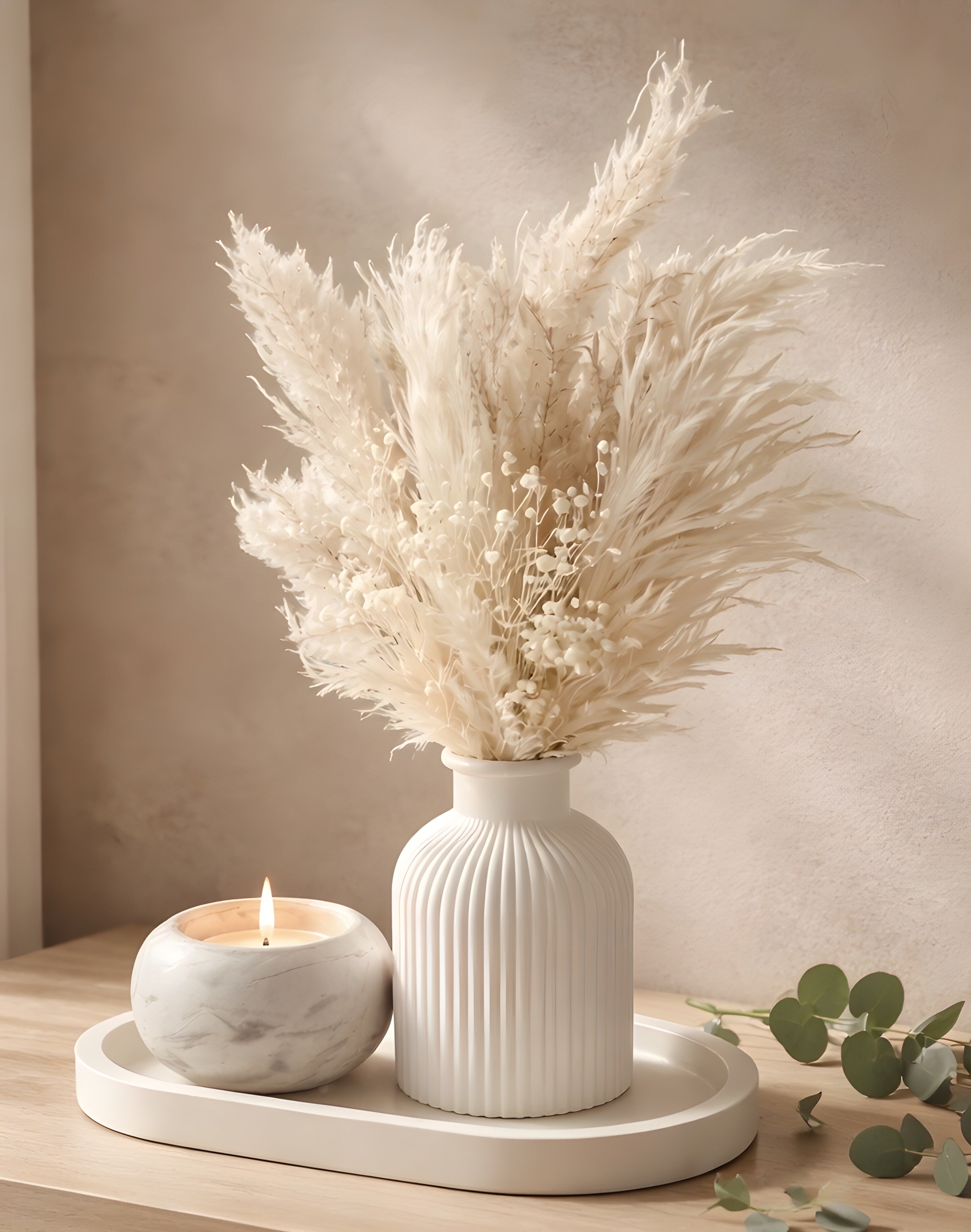 Deko-Set Pampasgras mit Tablett & Kerzenhalter