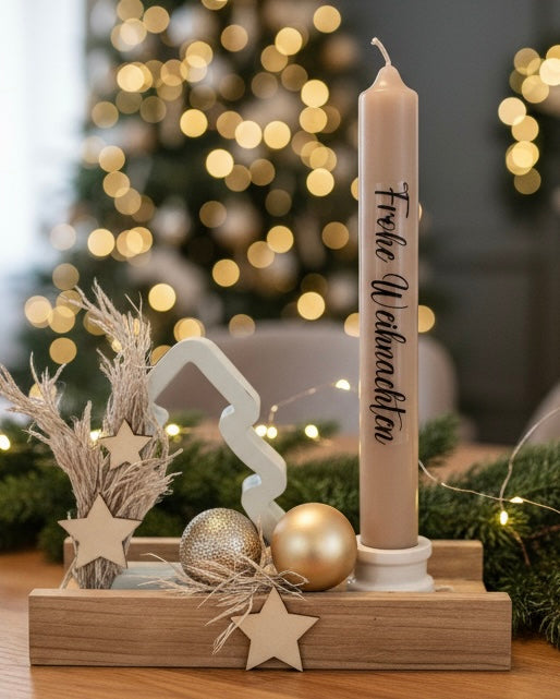 Frohe Weihnachten - Dekokerze mit Holzsockel