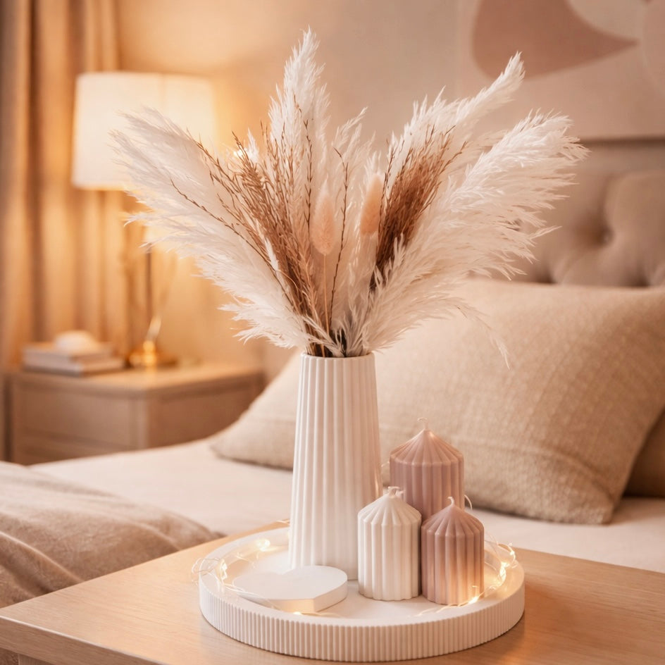 Premium Deko-Set mit Pampasgras & Kerzen auf Tablett