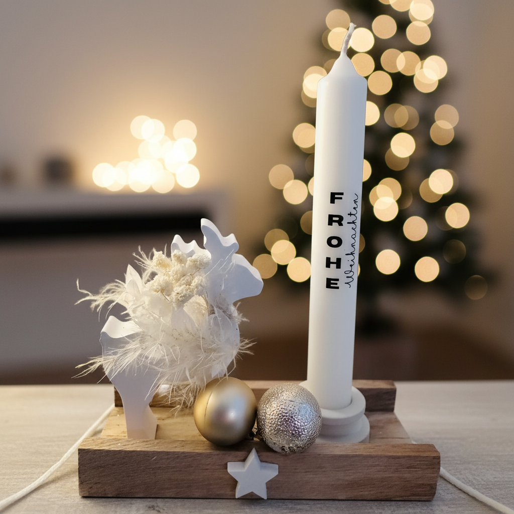 FROHE Weihnachten Kerze mit Holzsockel und Deko