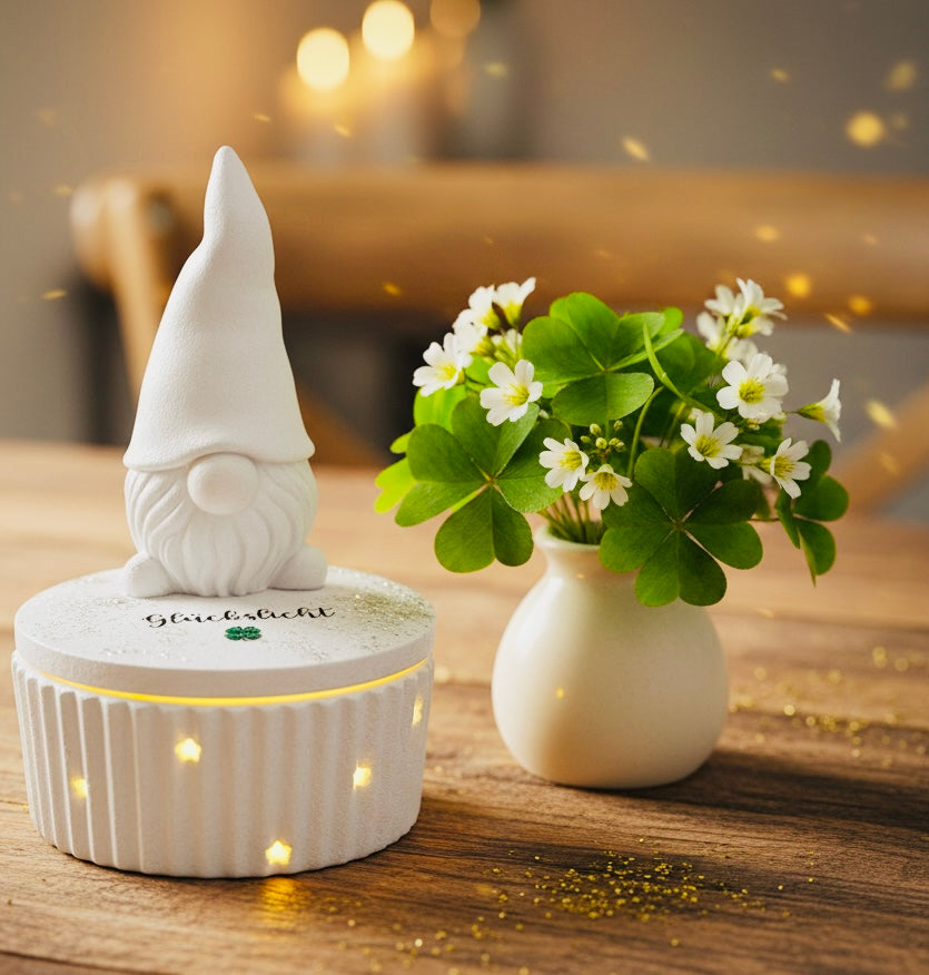 Handgefertigtes Glücks-Set mit Wichtel und LED-Dose Glückslicht