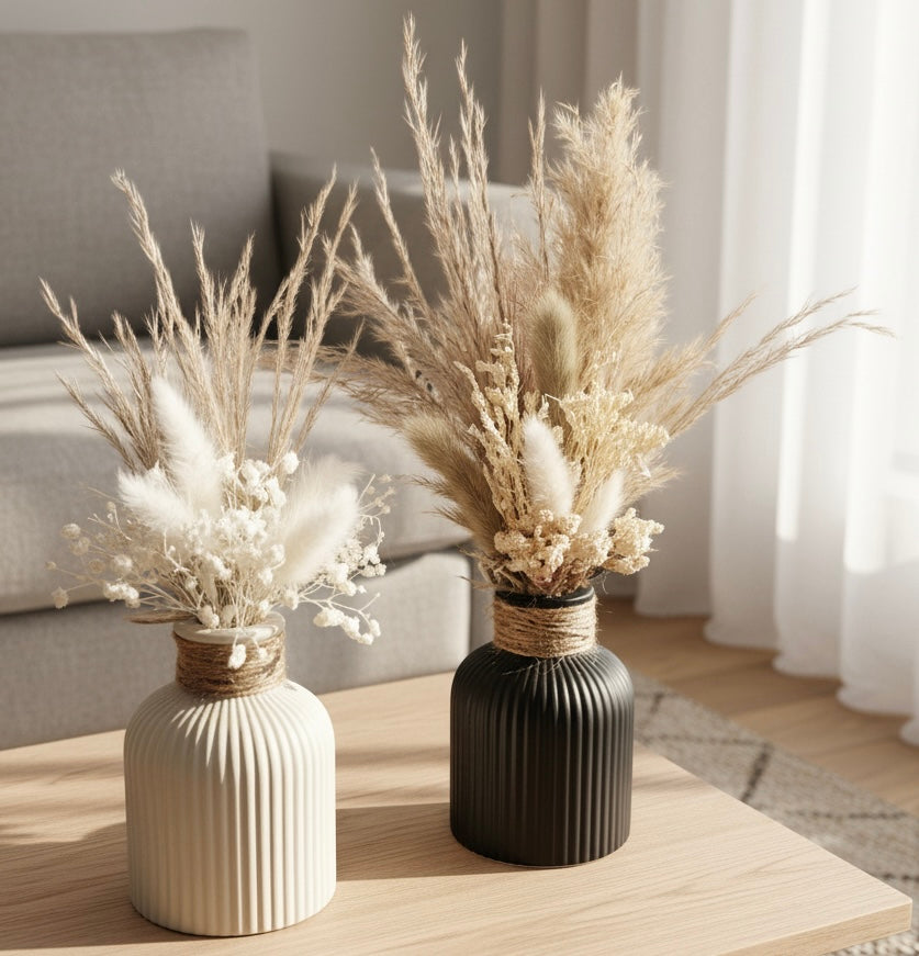 Vasen-Set Harmony - Greige & Schwarz mit Trockenblumen - JEANED