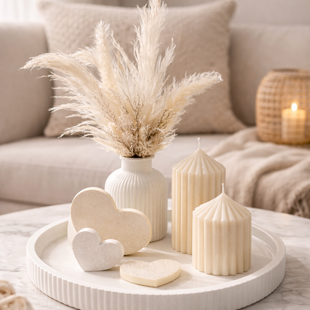 Beiges Deko-Set mit Kerzen und Pampasgras auf Wohnzimmertisch