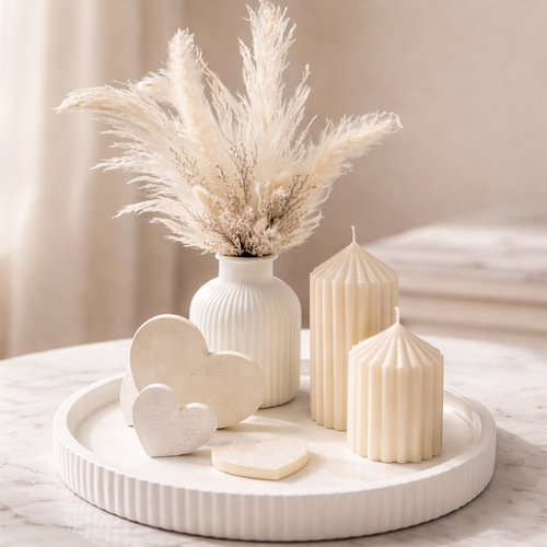 Beiges Deko-Tablett Set mit Kerzen und Pampasgras auf rundem Tablett